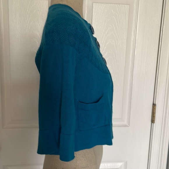 Fossil sweater crop cardigan buttons 3/4 sleeve teal cotton women’s size S - Picture 5 of 15
